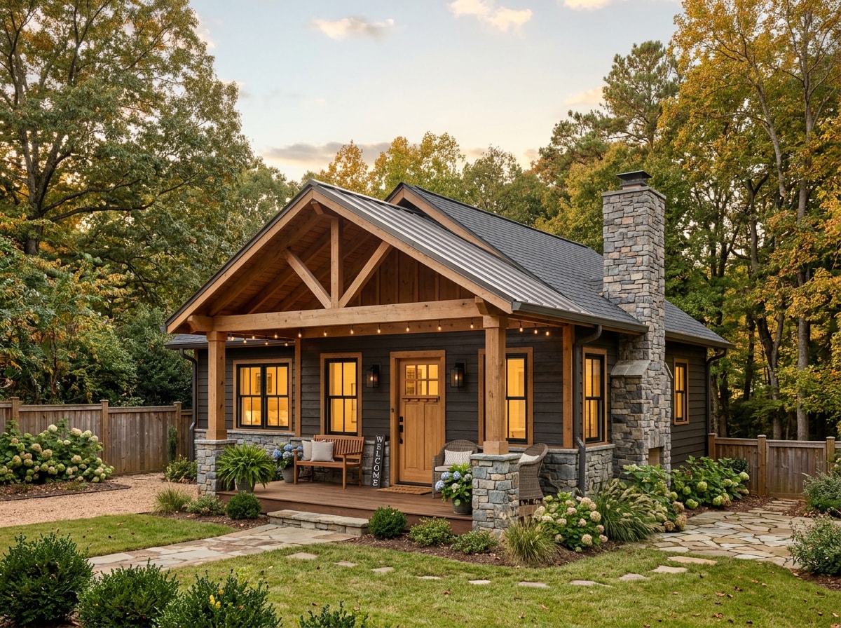 Completed backyard ADU cottage with covered porch in a Homewood, AL residential neighborhood