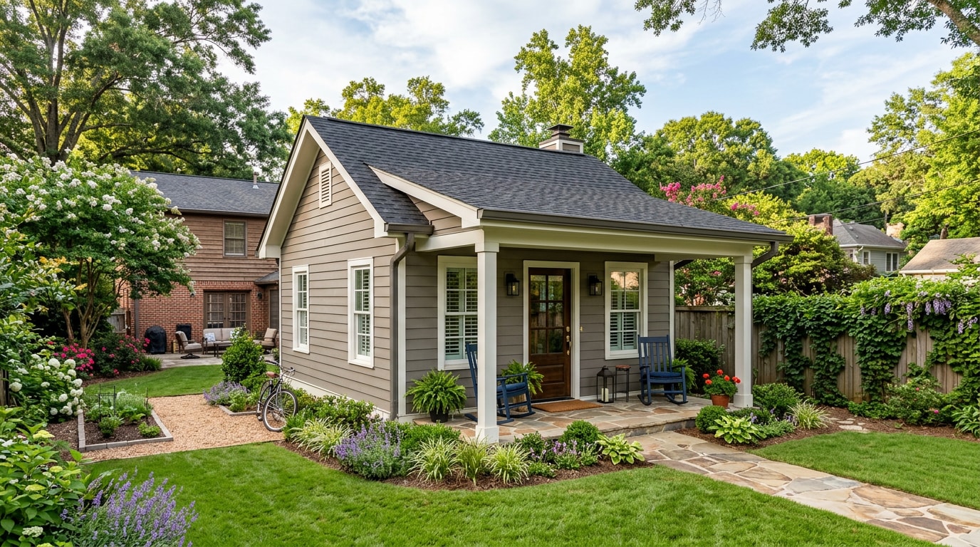 Finished detached ADU backyard cottage in a Homewood, AL style residential yard