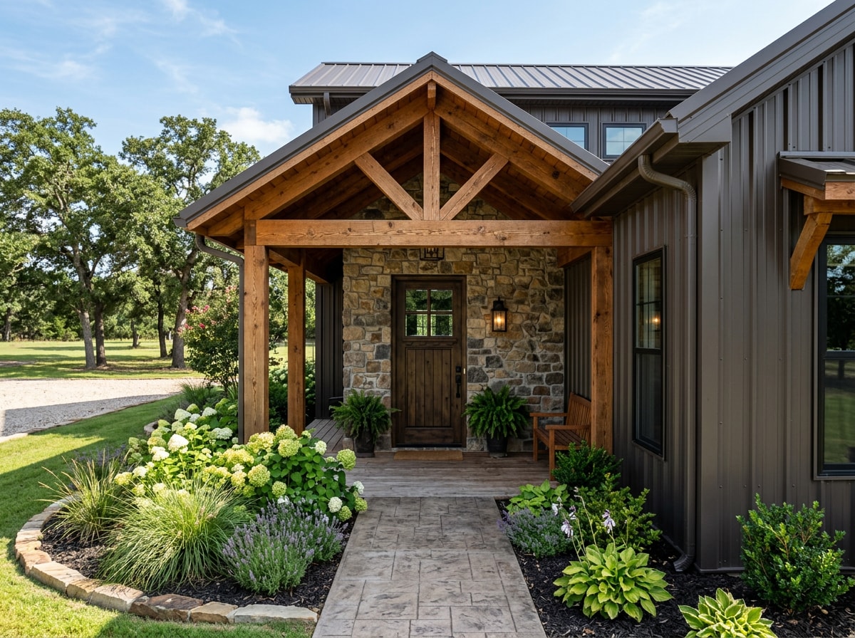 Finished custom barndominium exterior with metal roof and stone accents in Hoover, AL