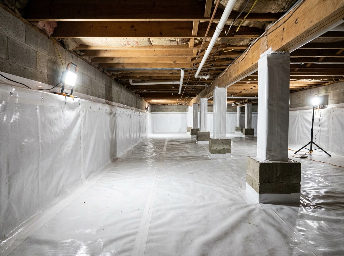 Crawlspace encapsulation and moisture barrier installed under a barndominium foundation