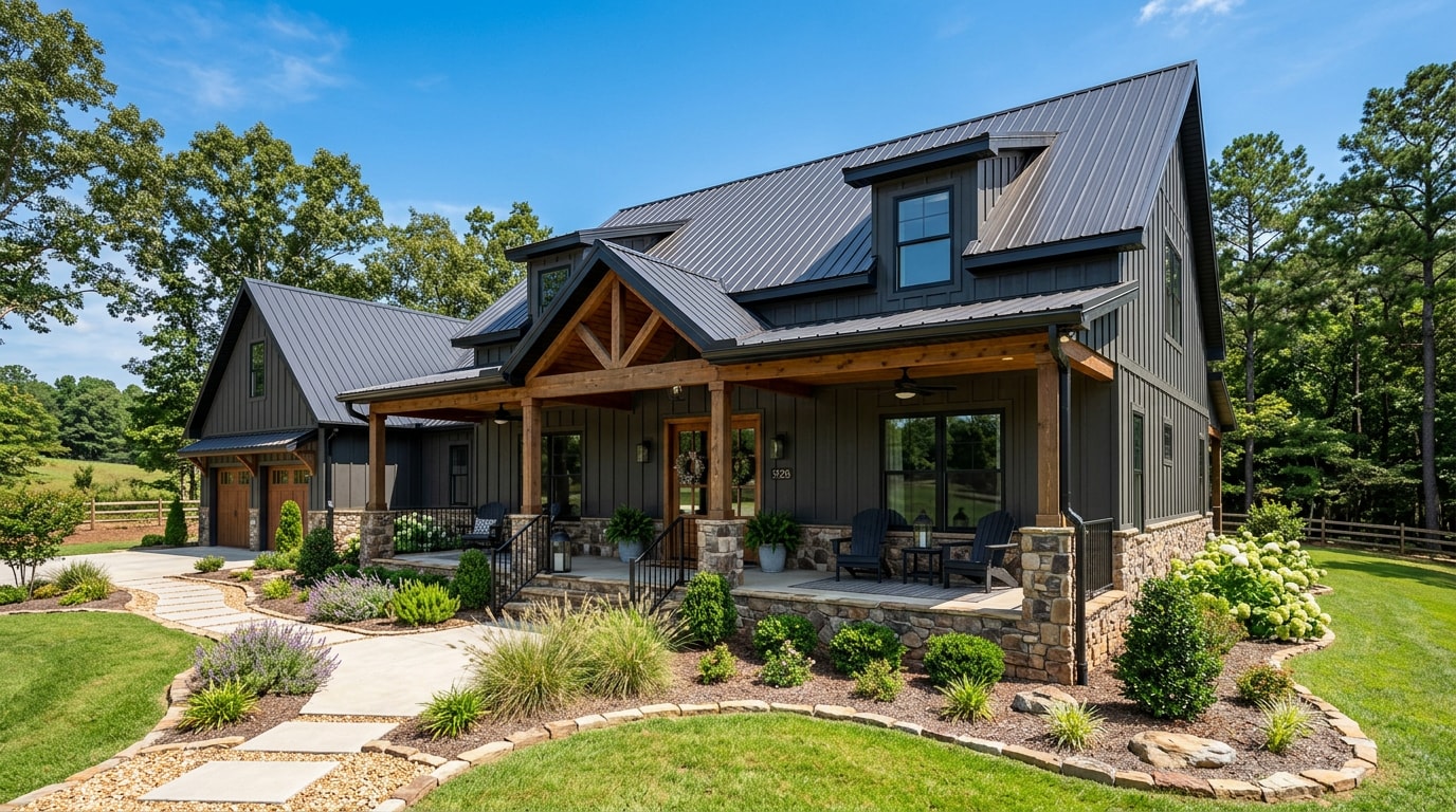 Finished barndominium home exterior in Hoover, AL with metal roof and stone accents