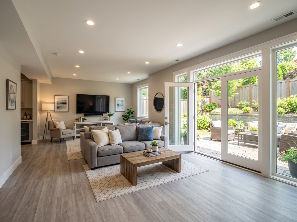 Finished walkout basement in a Vestavia Hills home with recessed lighting and new flooring