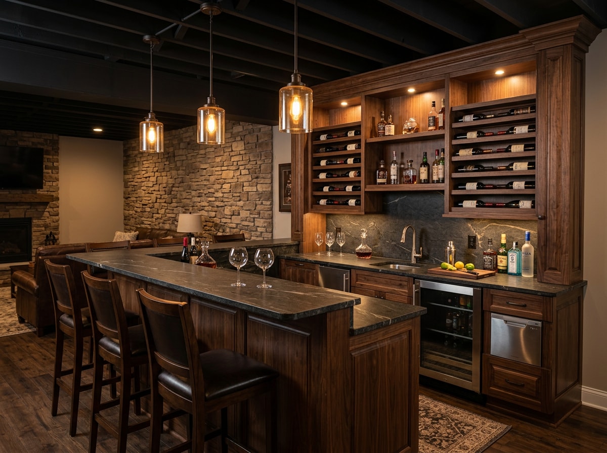 Basement wet bar with custom cabinetry and built-in storage shelving