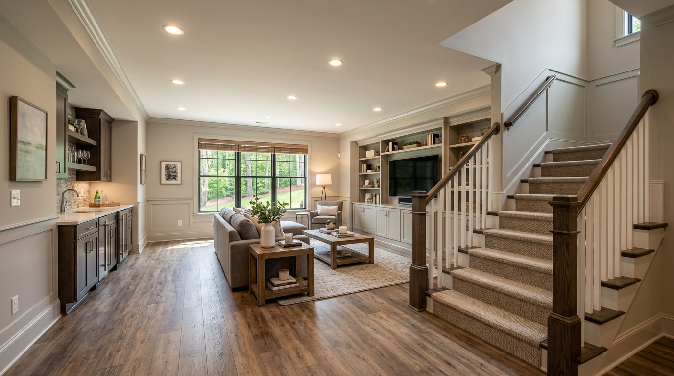 Finished daylight basement living space in a Vestavia Hills home