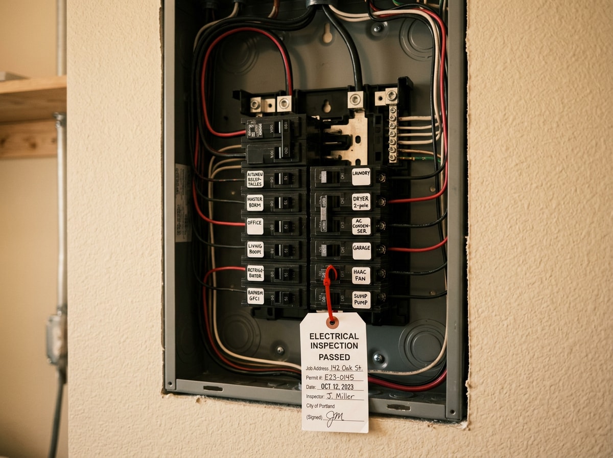 Close-up of a newly installed electrical panel with labeled circuit breakers and a visible inspection tag in a renovated home