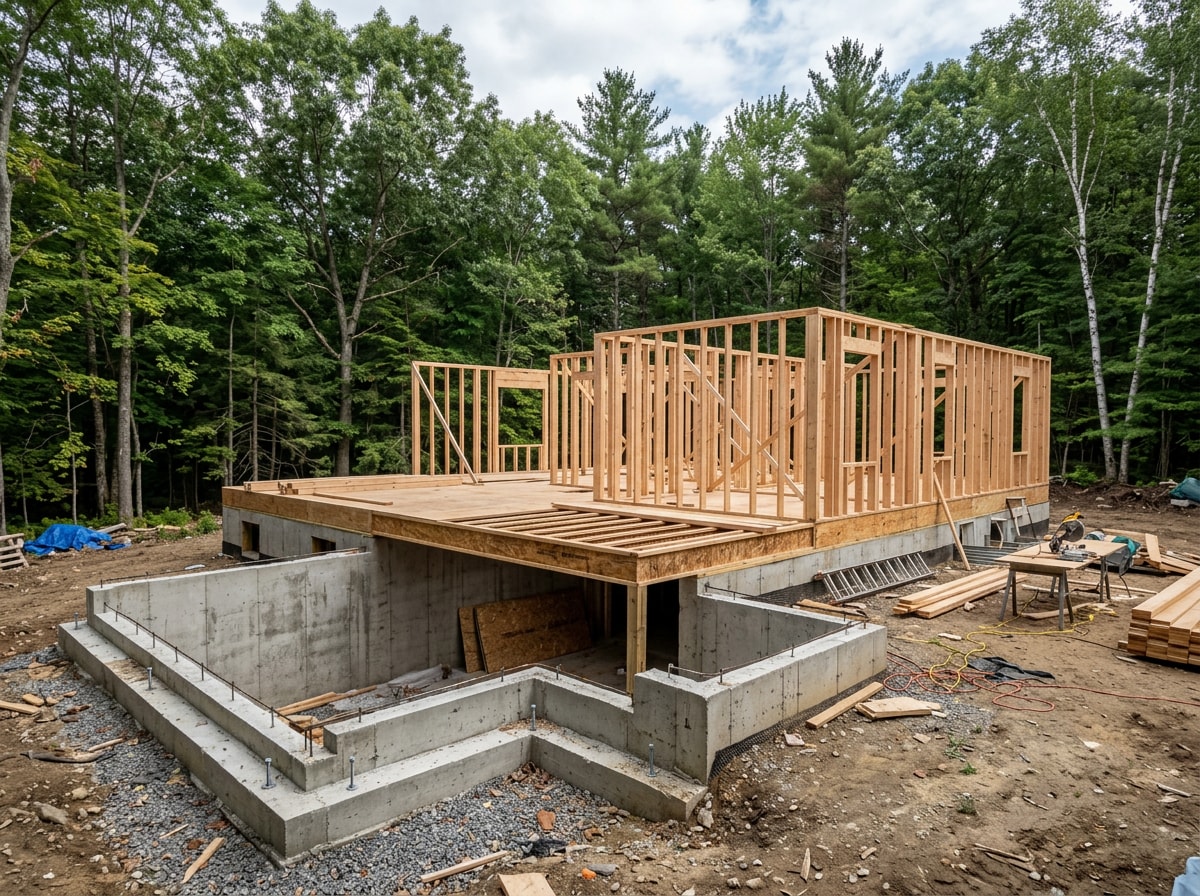 New custom home foundation and framing under construction in a wooded Alabama lot