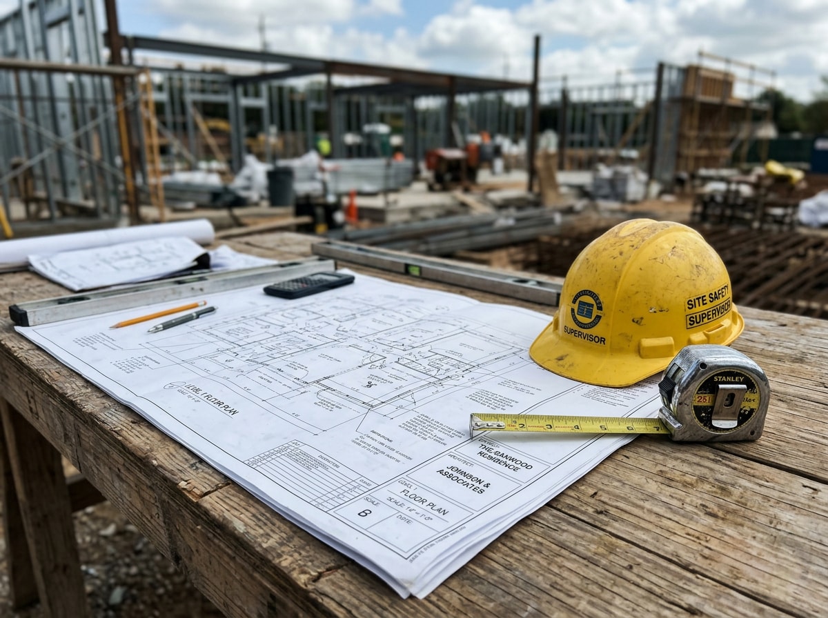 Licensed contractor reviewing building plans on a Mountain Brook jobsite table