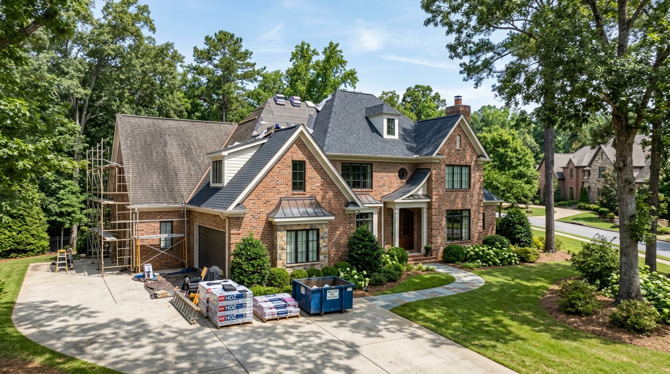 Construction materials staged outside a brick home in Mountain Brook, AL