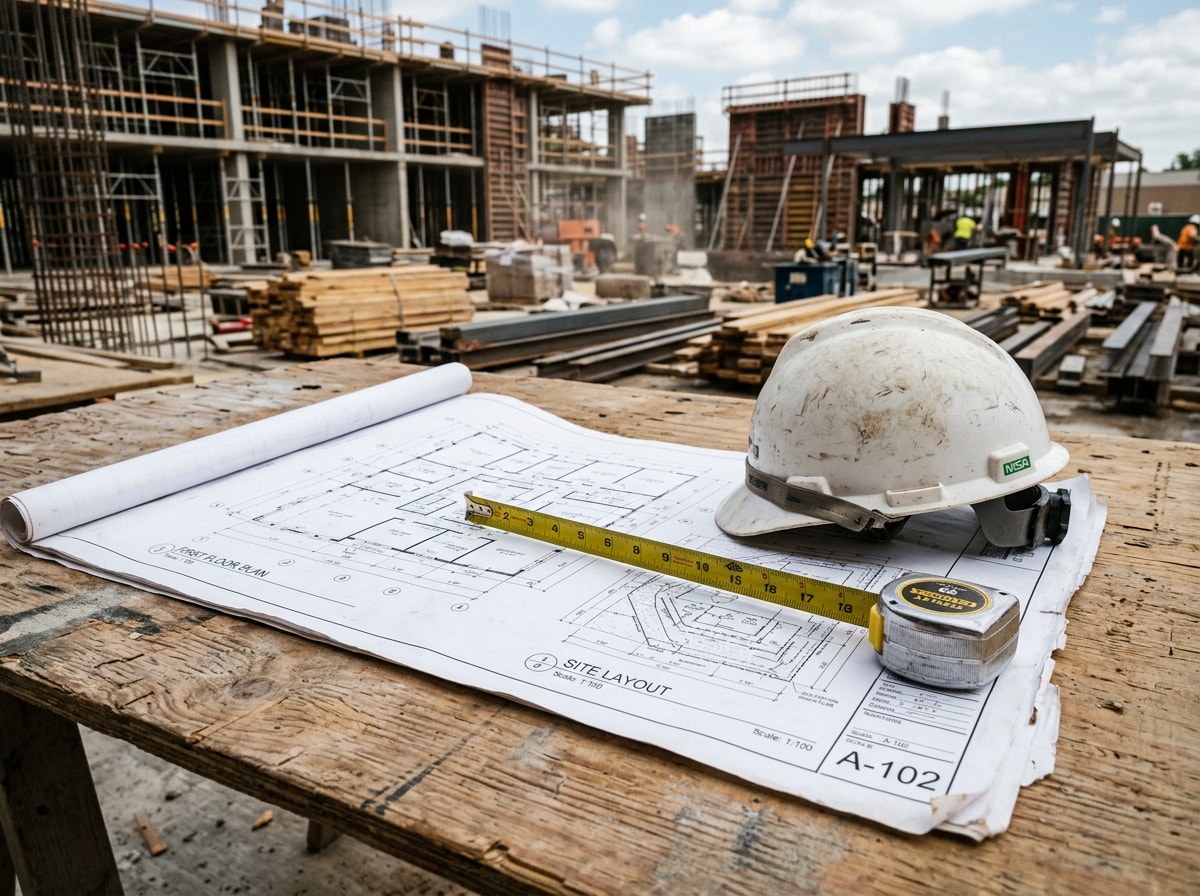 Architectural blueprints and a site plan unrolled on a plywood table at a Birmingham construction site
