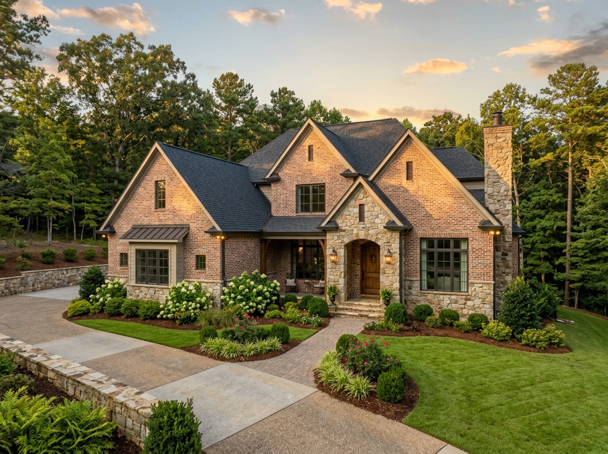 Finished custom home exterior with brick and stone masonry in a Birmingham, Alabama suburb at golden hour