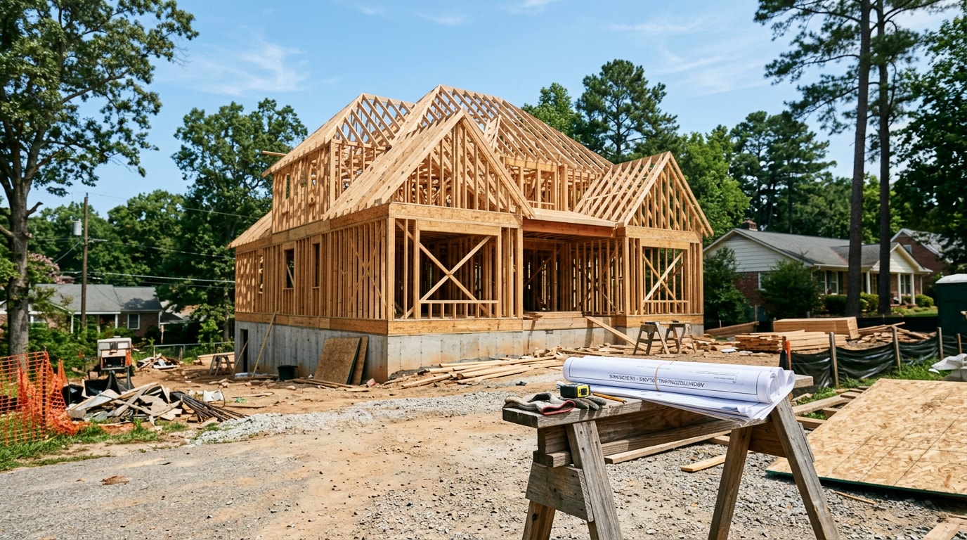 Custom home under construction with foundation and framing visible at a Birmingham, Alabama job site