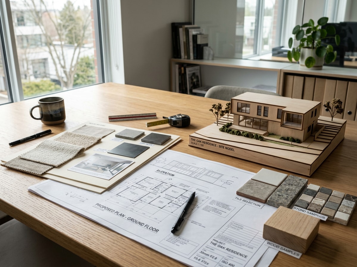 Design consultation table with blueprints and material samples, no people visible