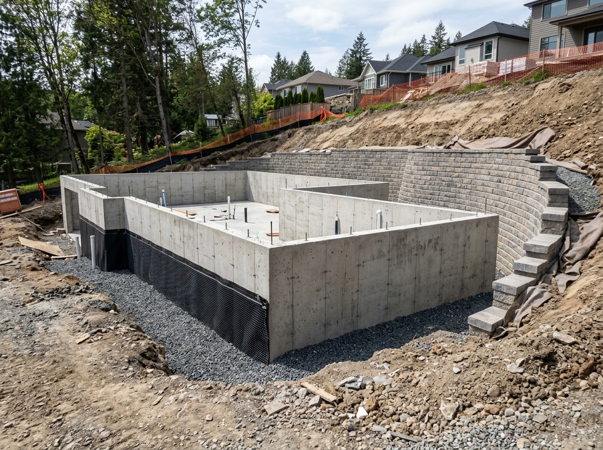 Completed foundation and stone retaining wall on a sloped residential lot