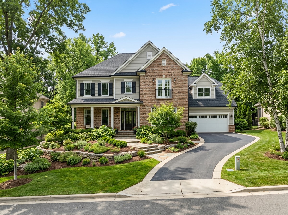 Completed custom home exterior on a wooded, sloped residential lot