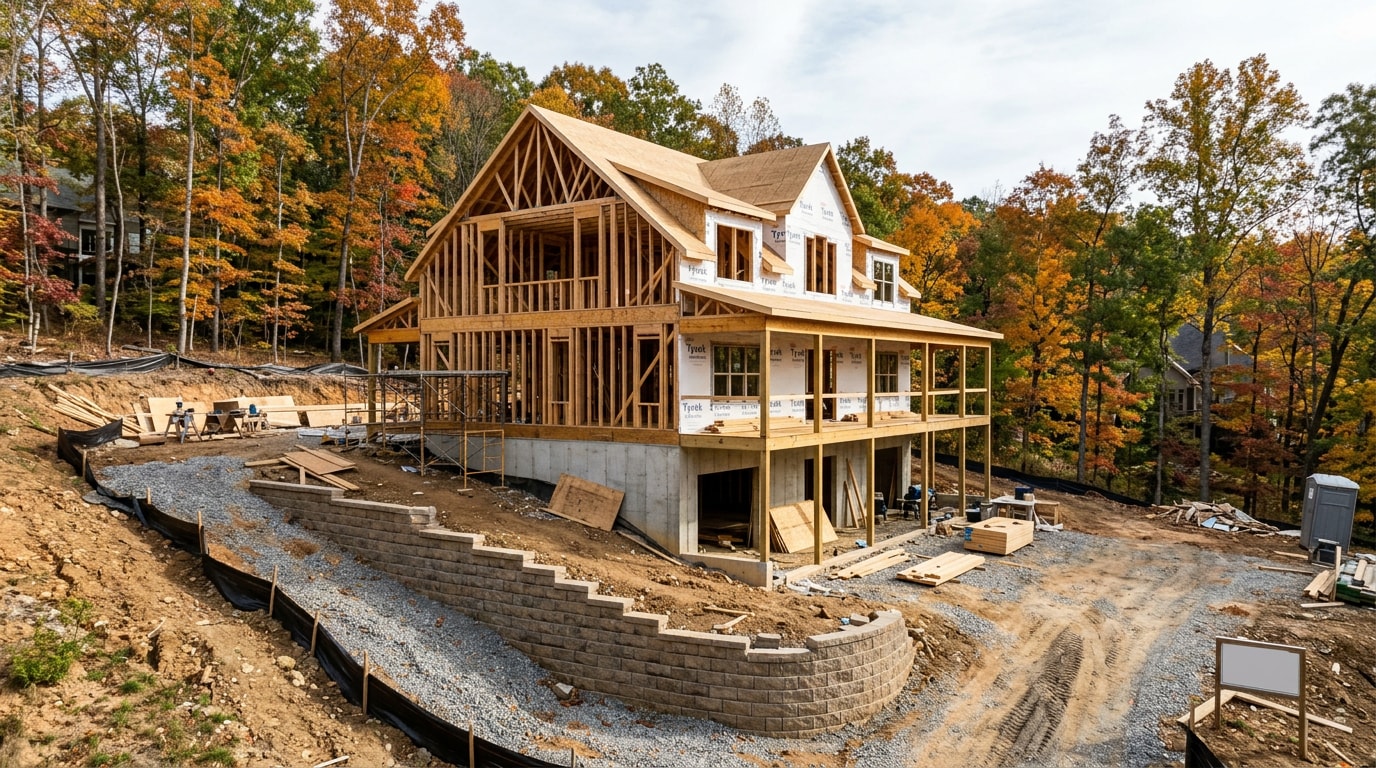 Custom home under construction on a sloped wooded lot in Vestavia Hills, AL