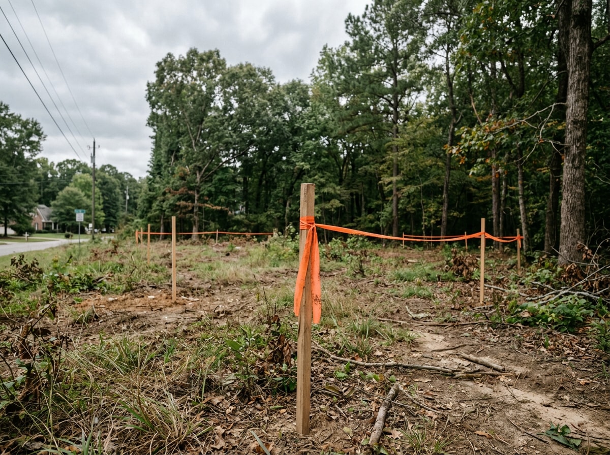 Vacant lot with survey stakes marking a future home site in a wooded Mountain Brook, AL neighborhood