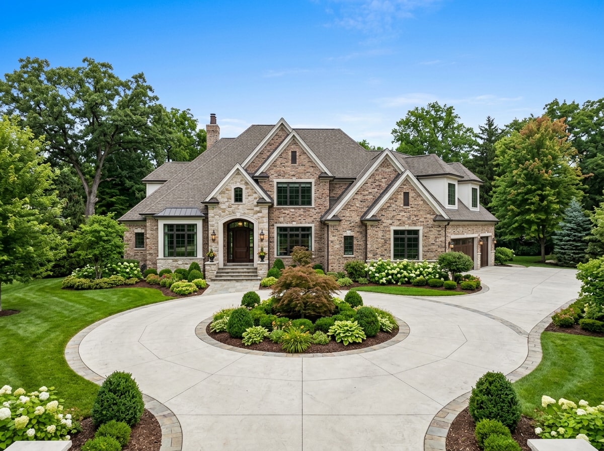 Completed custom home exterior with finished brick facade and landscaping in an upscale Mountain Brook, AL neighborhood