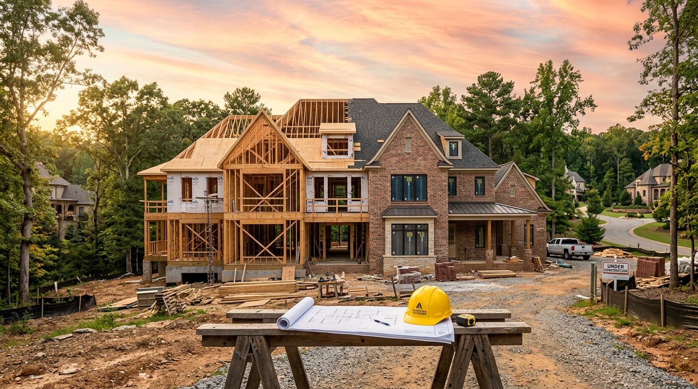 Custom home construction site in Mountain Brook, AL showing both framing and finished brick exterior