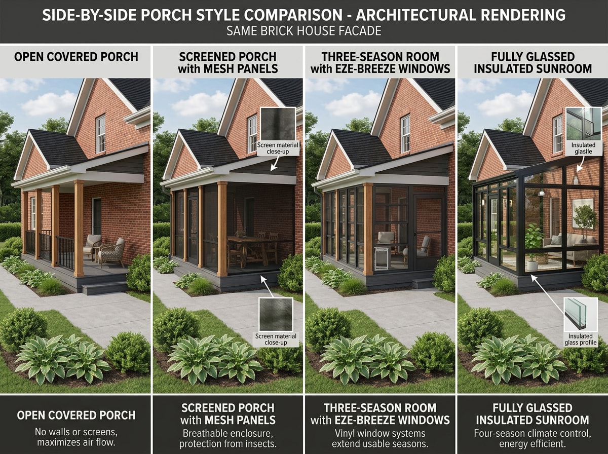 Comparison graphic showing covered porch, screened porch, three-season room, and sunroom styles
