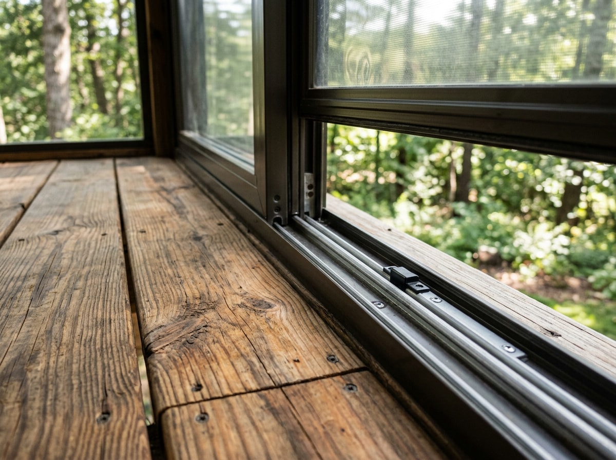 Close-up of cedar porch flooring and Eze-Breeze vinyl window frame