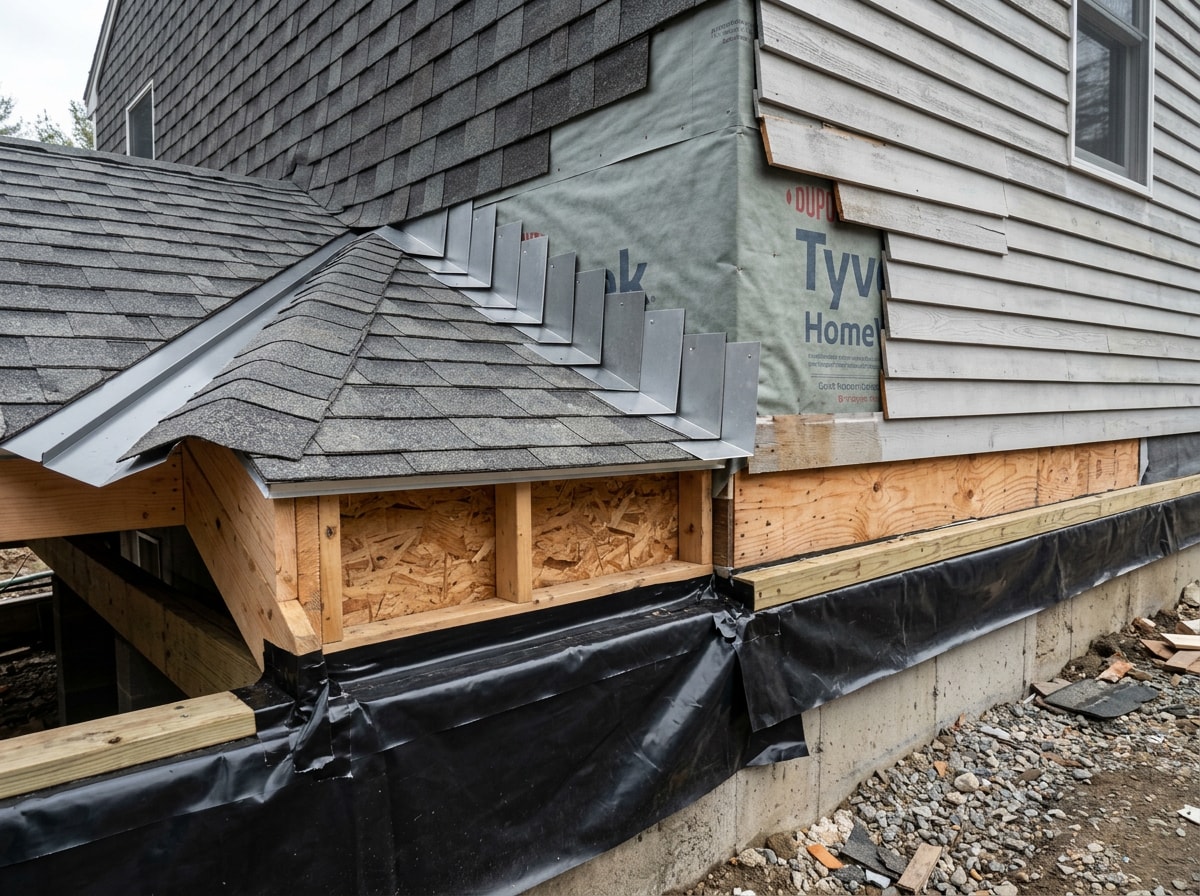 Flashing and vapor barrier detail at a porch roof and foundation tie-in