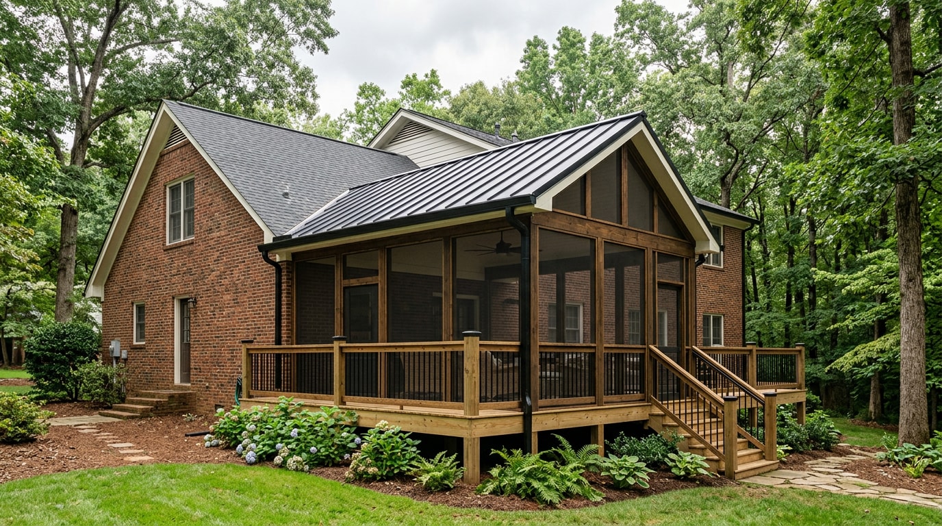 Finished screened porch addition on a brick home in a wooded Mountain Brook, AL neighborhood Finished screened porch addition on a brick home in a wooded Mountain Brook, AL neighborhood