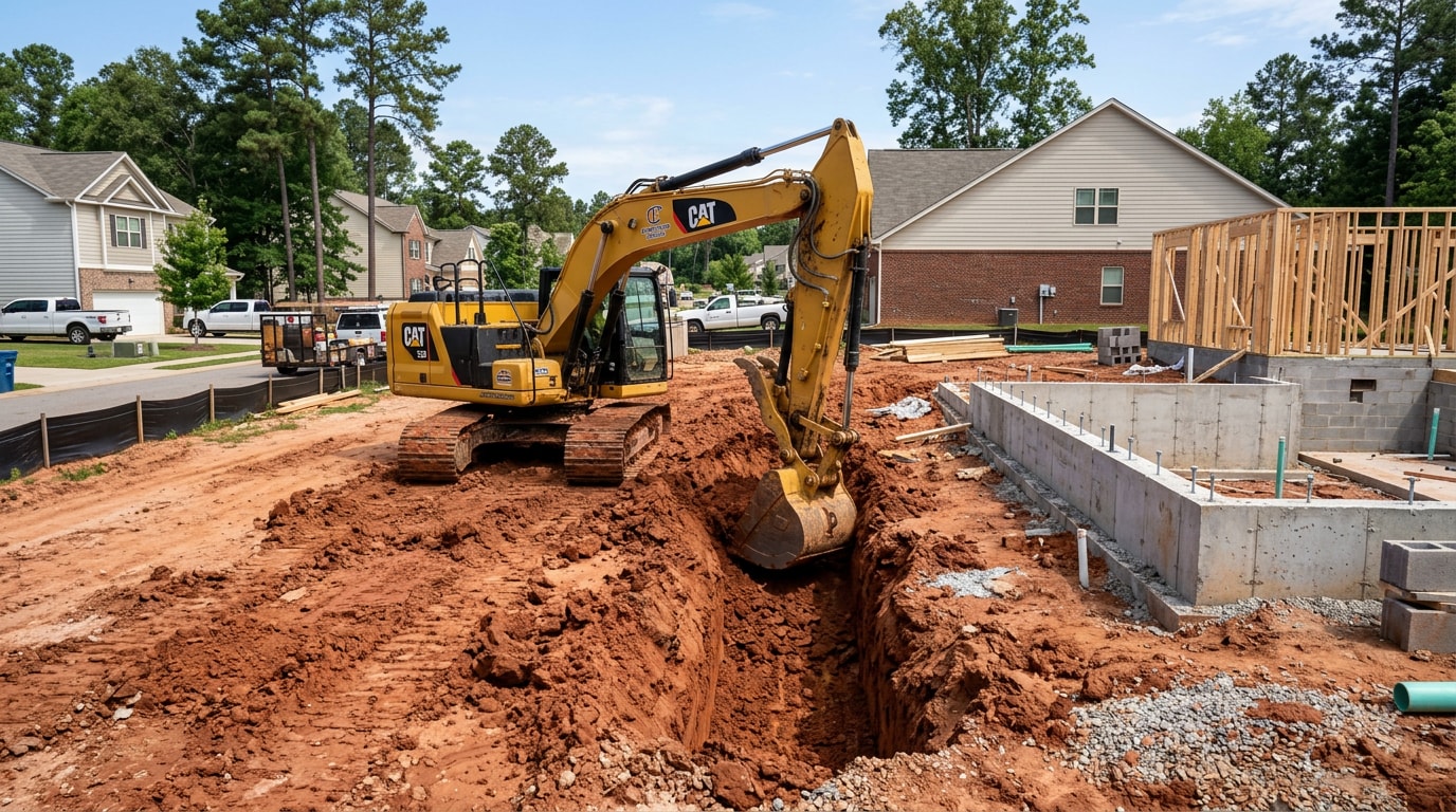 Excavator digging a foundation trench on a residential lot in Vestavia Hills, AL Excavator digging a foundation trench on a residential lot in Vestavia Hills, AL