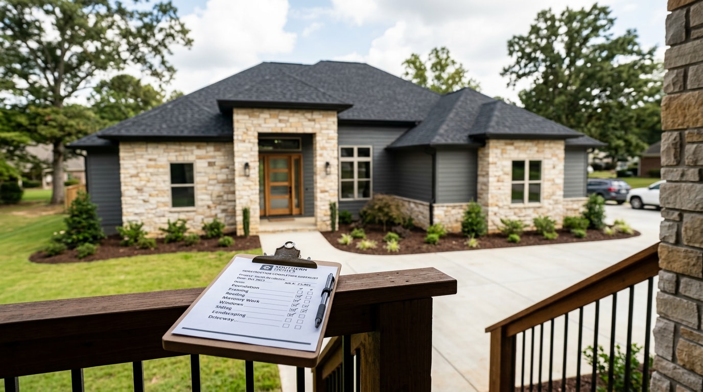 Printed general contractor checklist resting on a porch railing in front of a renovated Homewood, AL home Printed general contractor checklist resting on a porch railing in front of a renovated Homewood, AL home