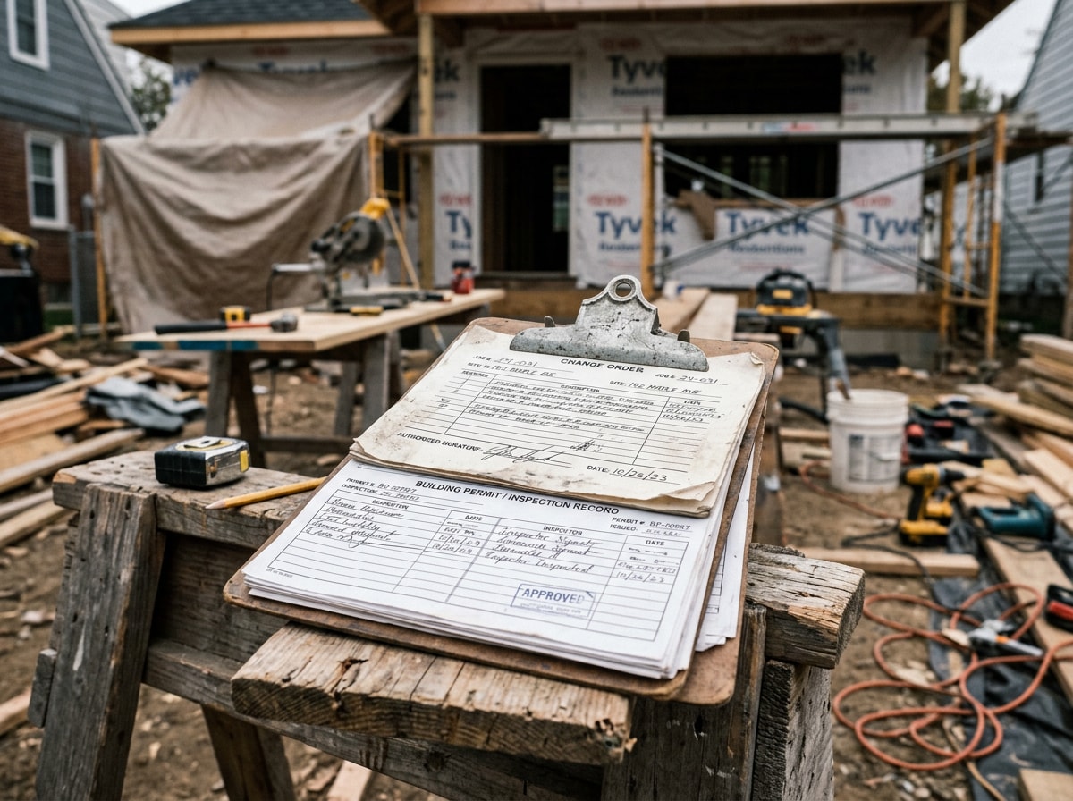 Homeowner and contractor reviewing a permit document and signed change order on a clipboard