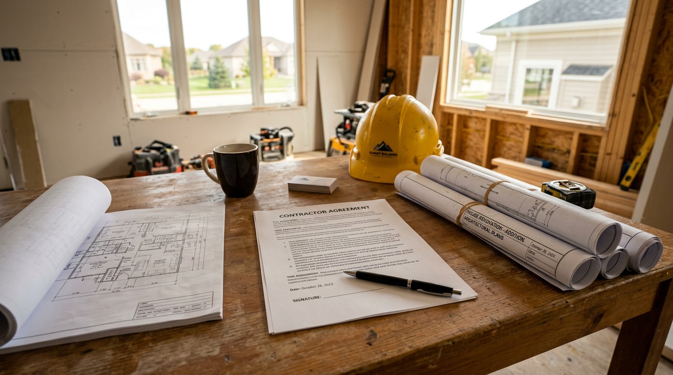Printed general contractor contract with owner on a table with blueprints and a hard hat
