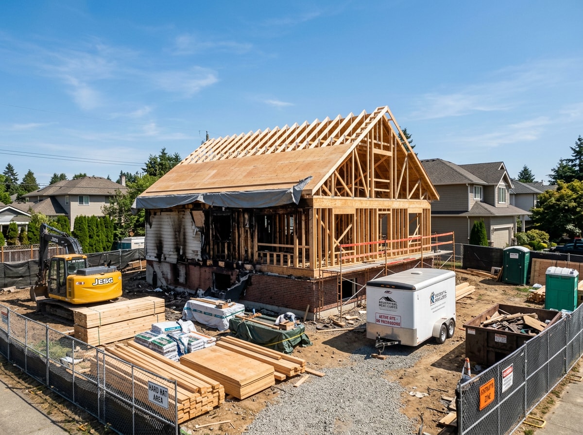 Step-by-step fire damage restoration and reconstruction process from board-up to final rebuild