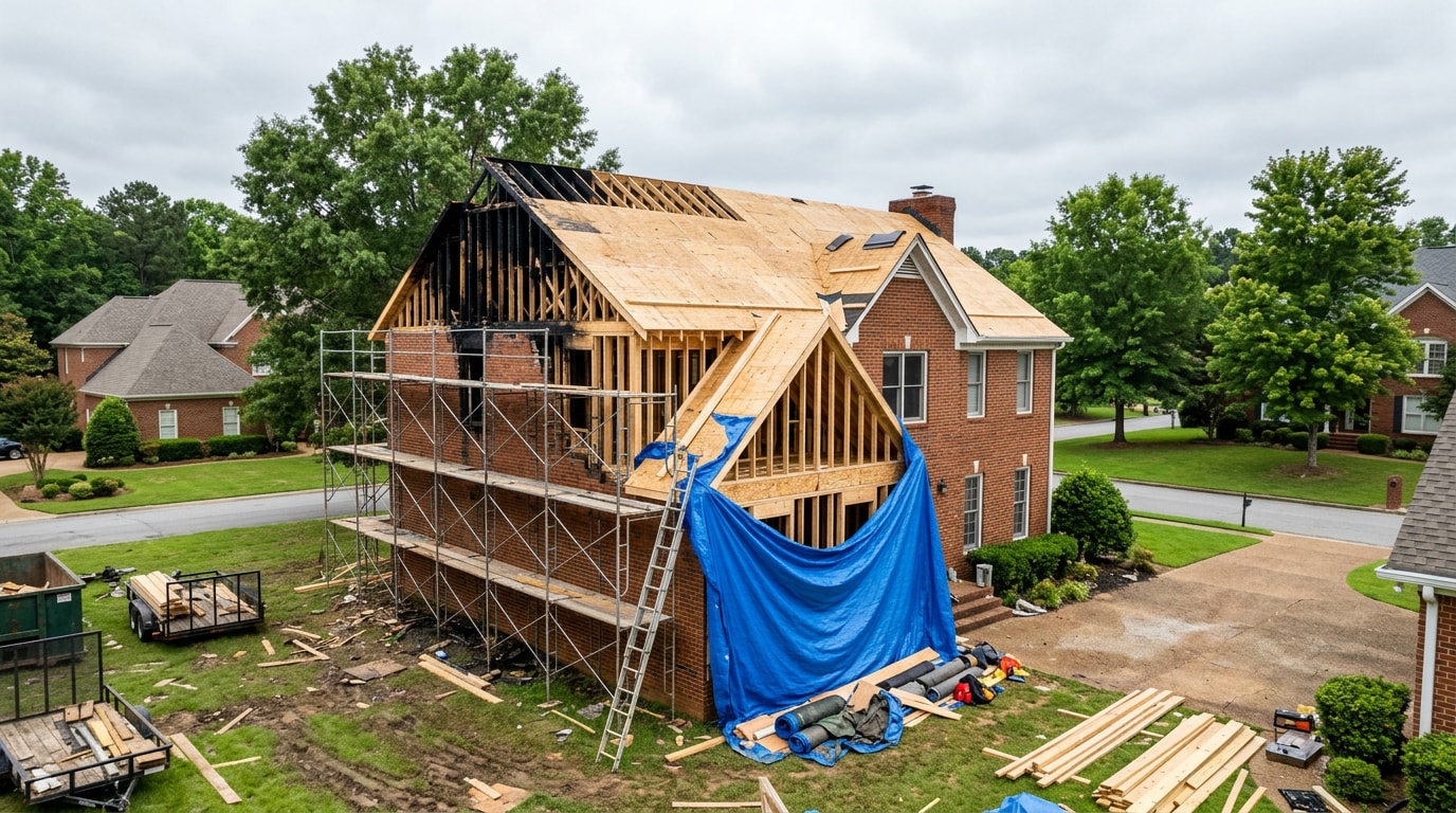 General contractor fire restoration rebuild in progress on a Hoover, AL home General contractor fire restoration rebuild in progress on a Hoover, AL home