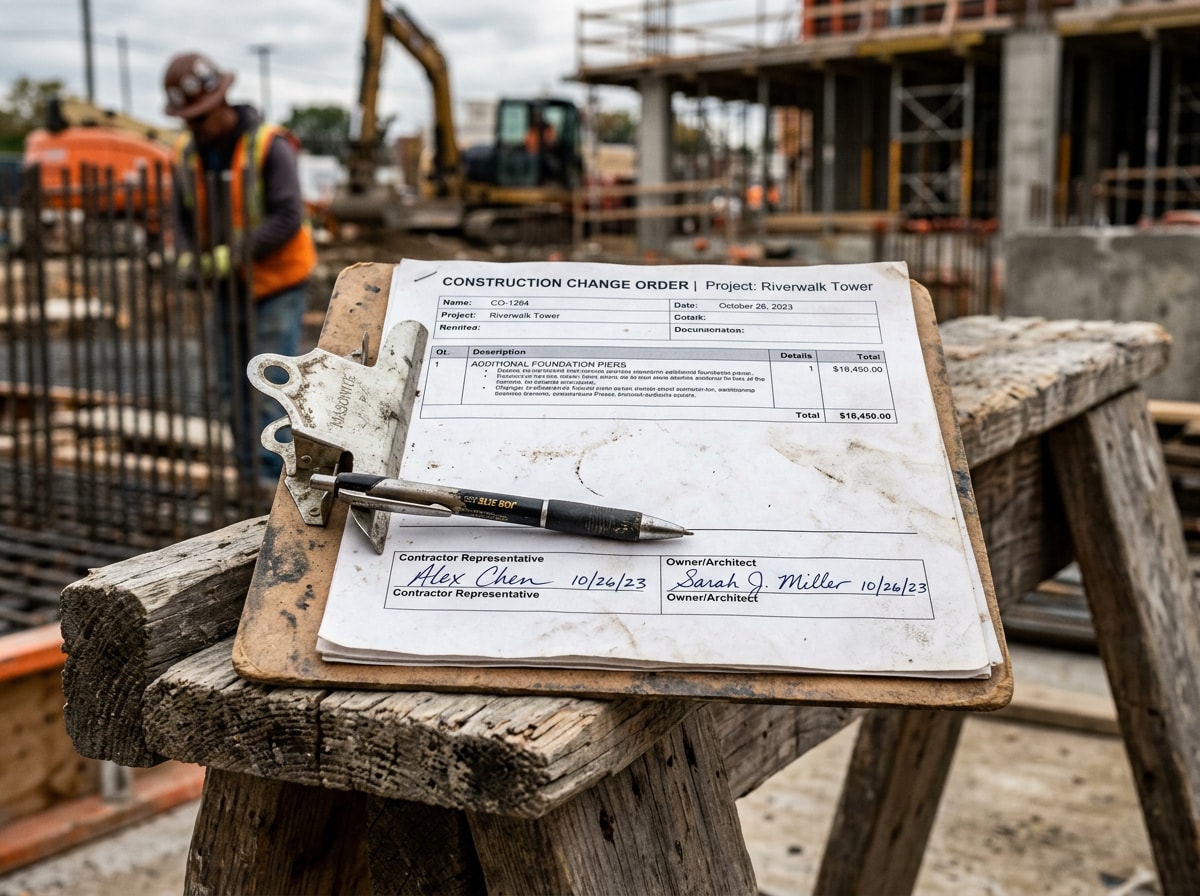 Close-up of a signed construction change order form on a clipboard at a job site