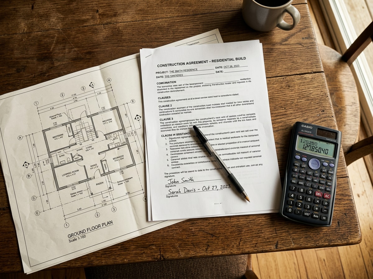 Contractor and homeowner reviewing a printed construction contract on a kitchen table