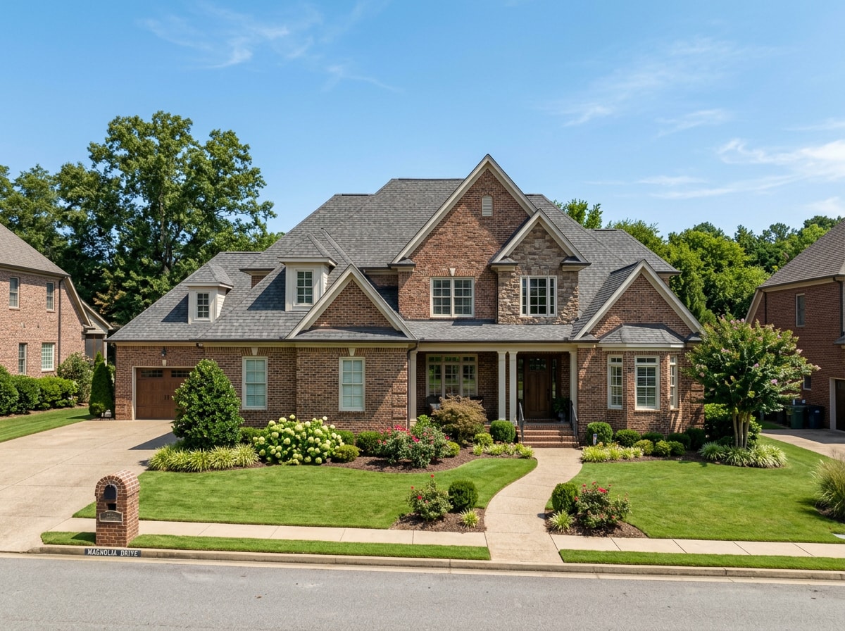 Finished custom home exterior with brick masonry and dimensional shingle roofline on a sunny day