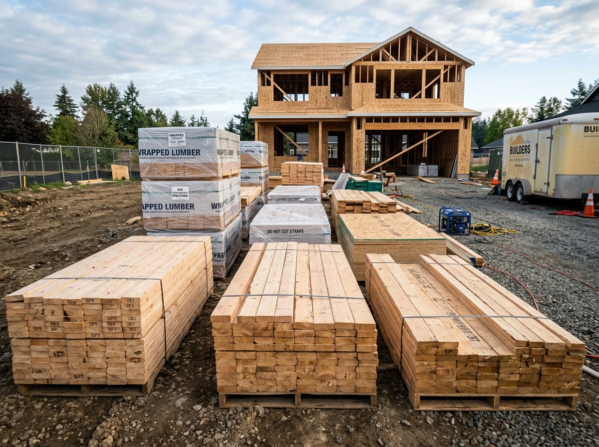 Pallets of lumber and building materials stacked and organized at a residential construction site