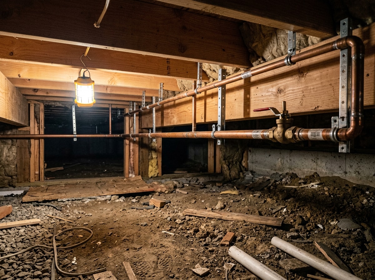 Exposed rough-in copper plumbing pipes in a residential crawlspace before inspection