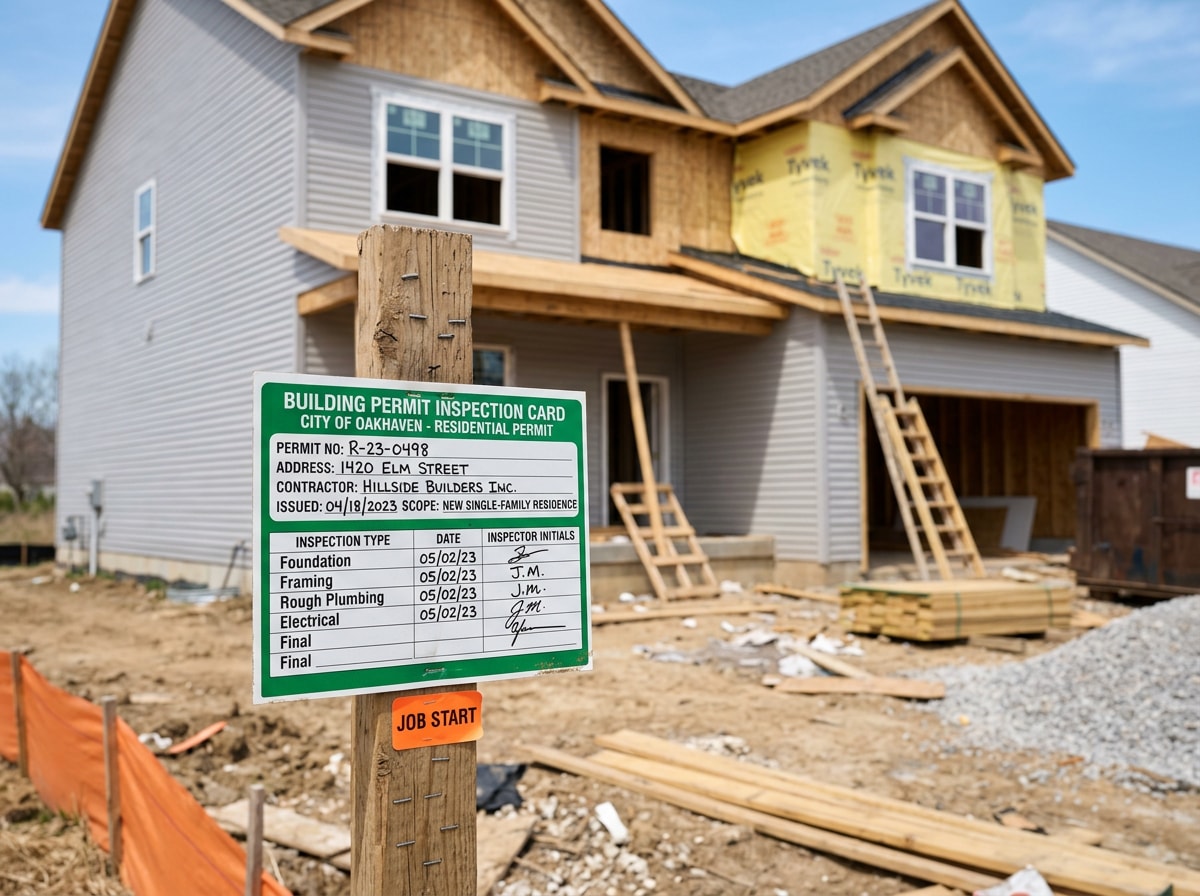 City building permit and inspection sign-off card posted at a residential job site