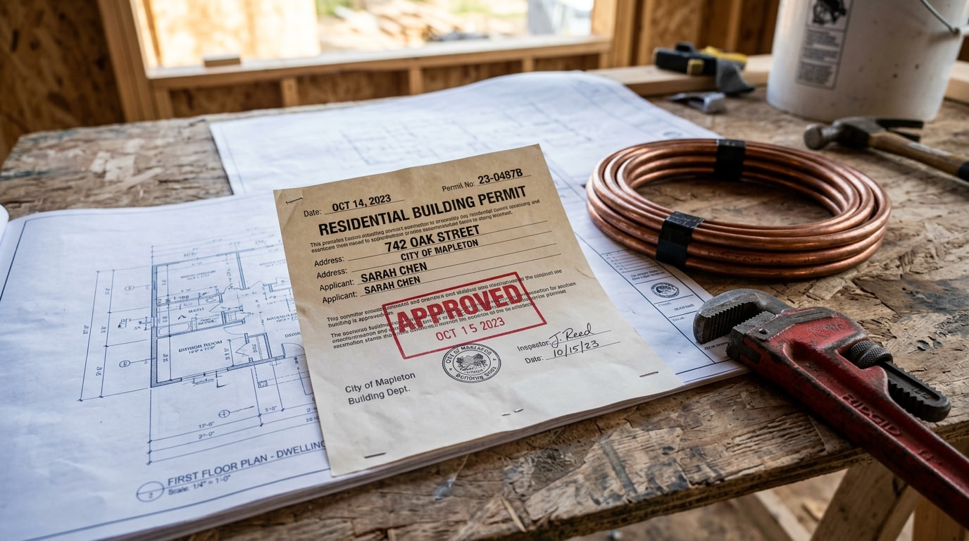 Stamped plumbing permit document on blueprints next to copper pipe on a job site table Stamped plumbing permit document on blueprints next to copper pipe on a job site table