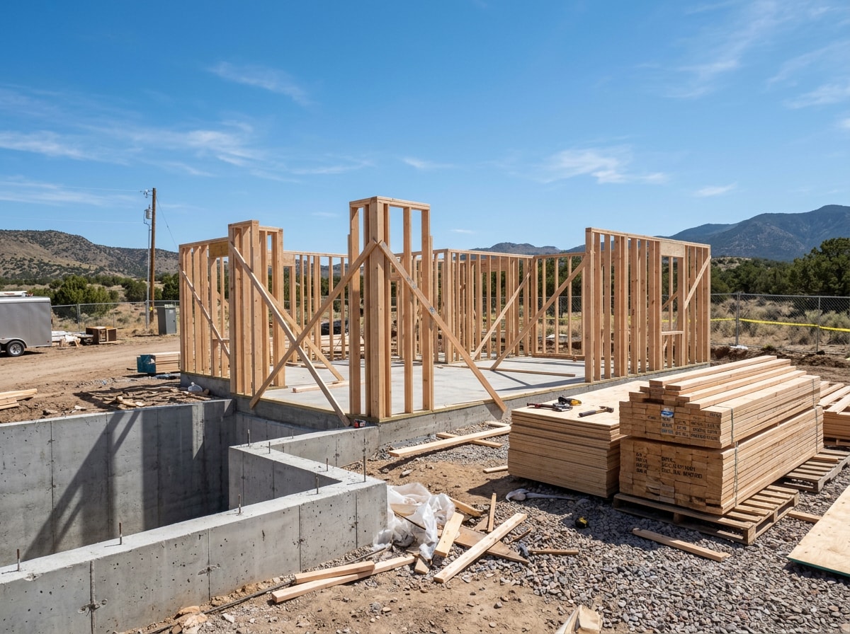 Foundation and framing in progress on a new custom home build