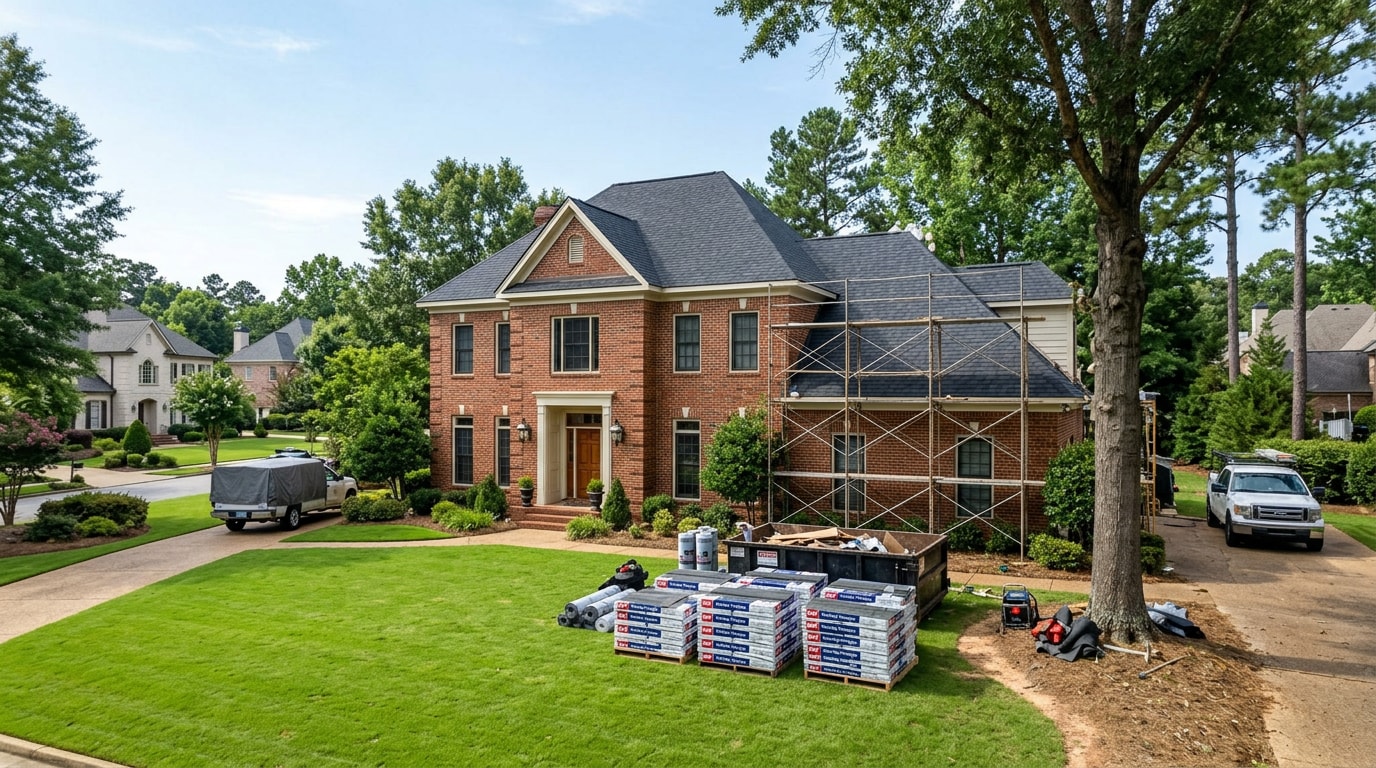 Upscale Mountain Brook, AL home mid-renovation with scaffolding and new roofing materials