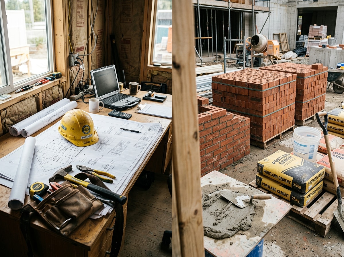Comparison of a general contractor's site office desk with blueprints next to a masonry crew's tools and brick pallets