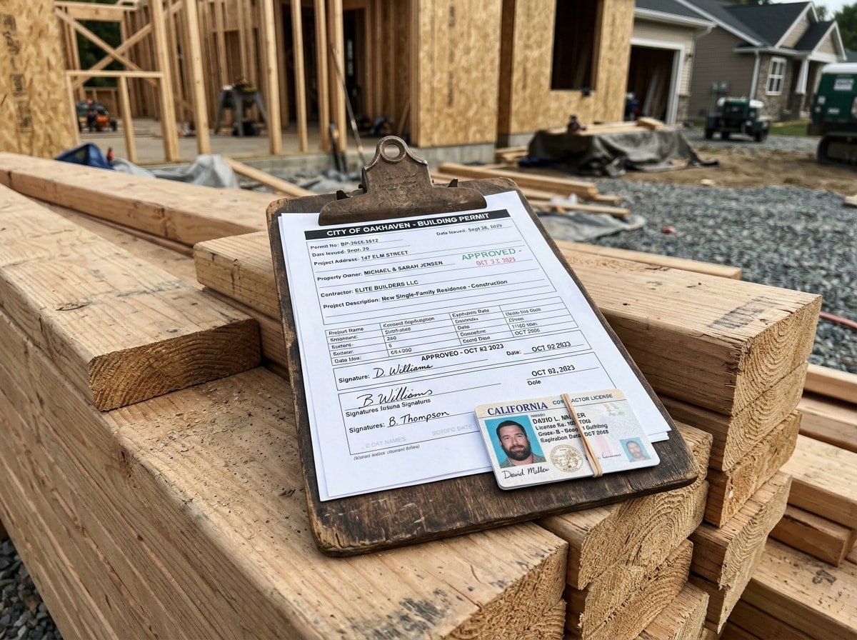 A contractor's clipboard with a building permit document and license card resting on a stack of lumber at a residential job site