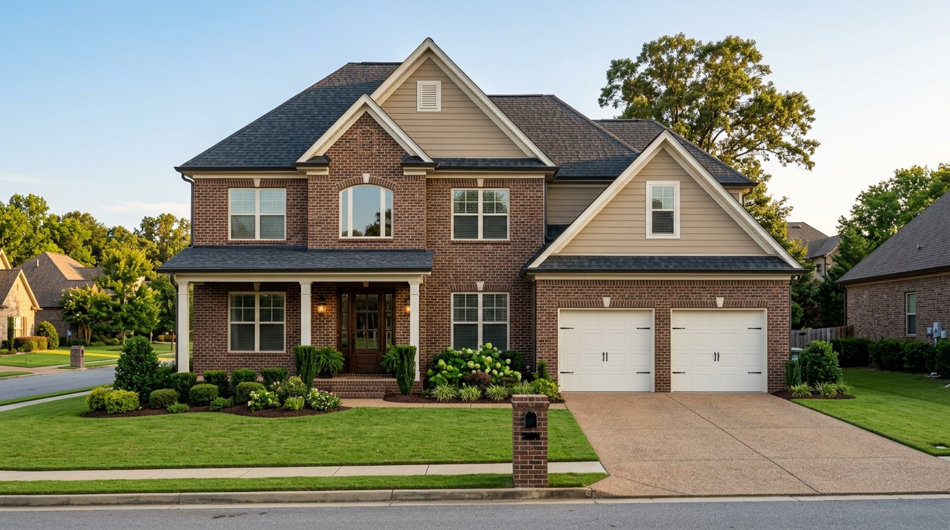 Finished custom home in Hoover, AL showing coordinated general contractor work across roofing, masonry, and siding Finished custom home in Hoover, AL showing coordinated general contractor work across roofing, masonry, and siding