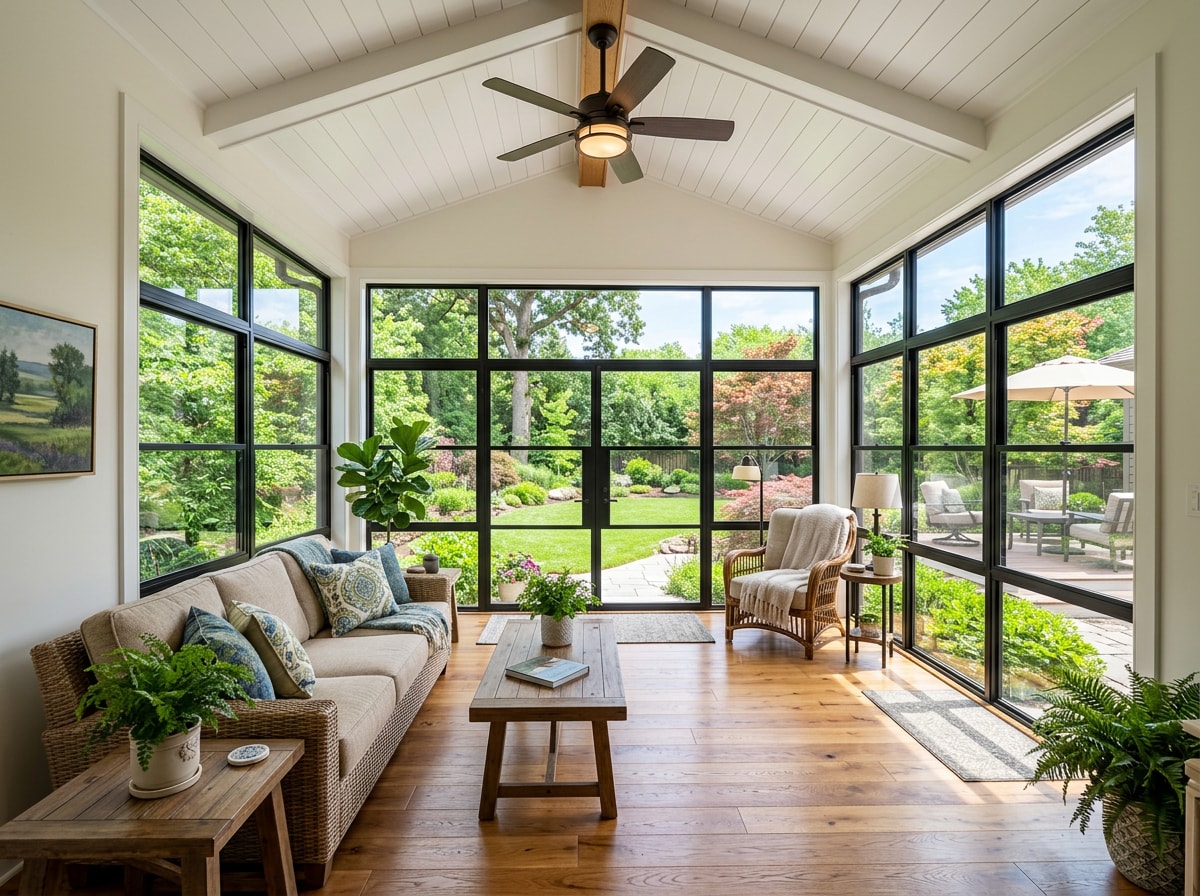 Bright sunroom addition with large windows overlooking a backyard