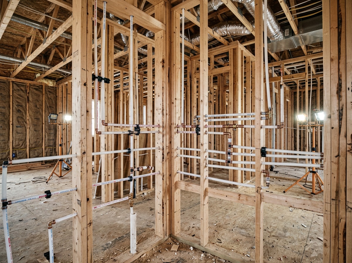 New construction home interior showing exposed PEX plumbing rough-in before drywall installation