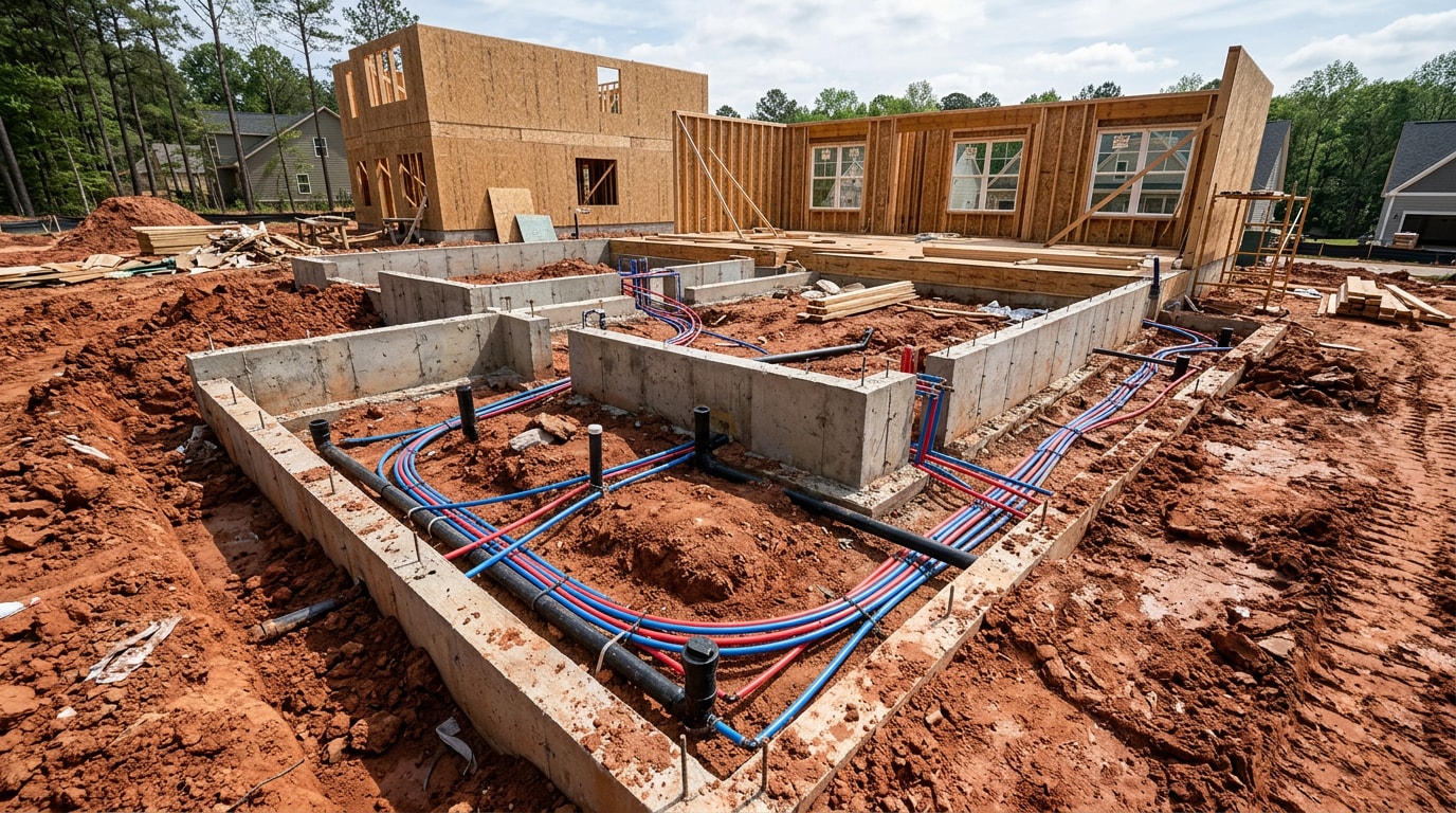 New construction home foundation with underground plumbing rough-in pipes visible in red clay soil New construction home foundation with underground plumbing rough-in pipes visible in red clay soil