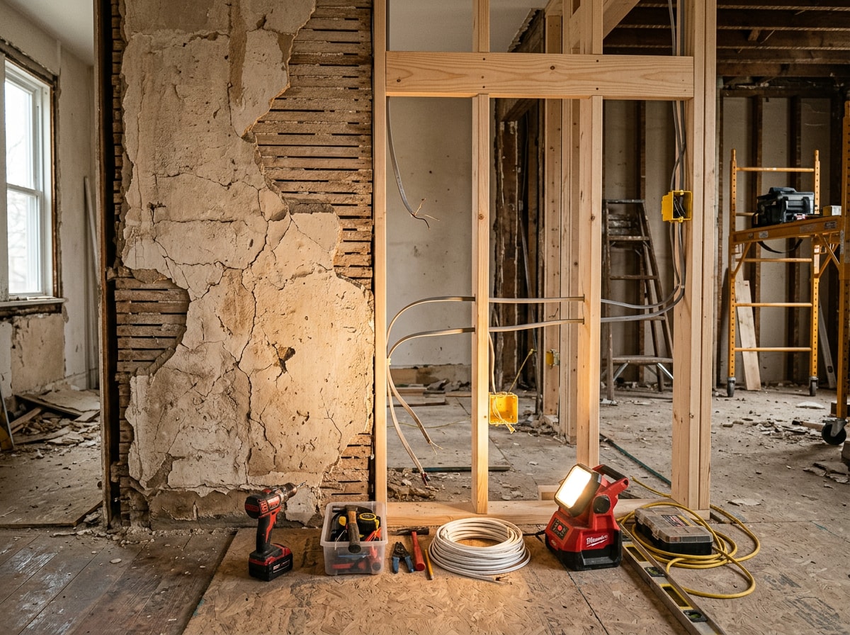Interior of a historic Mountain Brook, AL home mid-renovation showing original plaster walls and updated framing