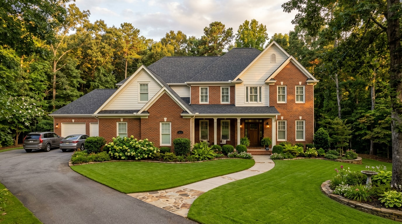 Renovated upscale home exterior in Mountain Brook, AL with new roofing and brick masonry