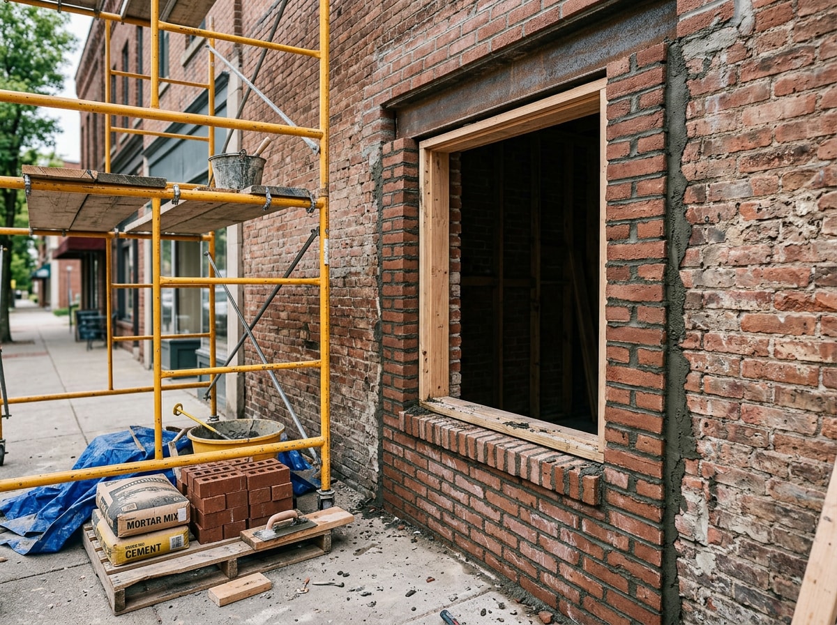 Storefront masonry and brick renovation in progress on a Mountain Brook retail building